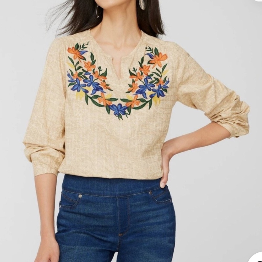 Chico’s Crackle Wash Embroidered floral Popover Top Size 2 (US‎ 12/Large) beige